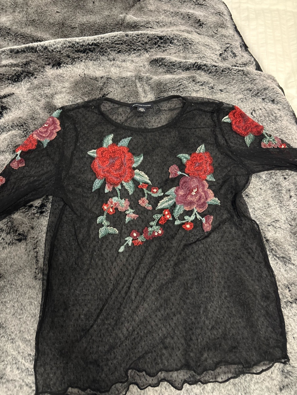 American Eagle Outfitters Black Sheer Lace Top with Red & Pink Floral Embroidery